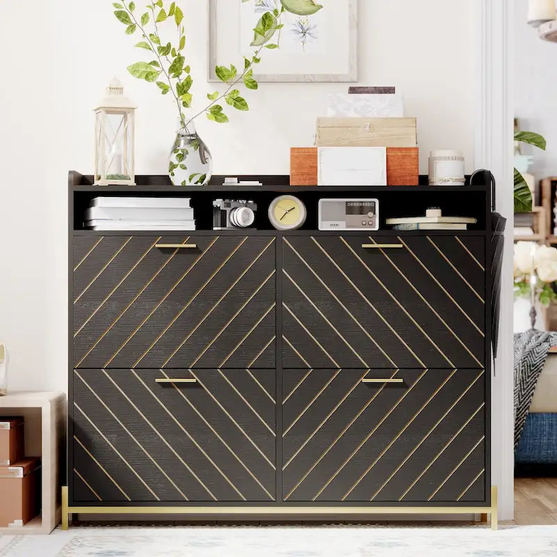 Black Wood Herringbone Flip Door Shoe Cabinet with Gold Accents and Open Top Storage