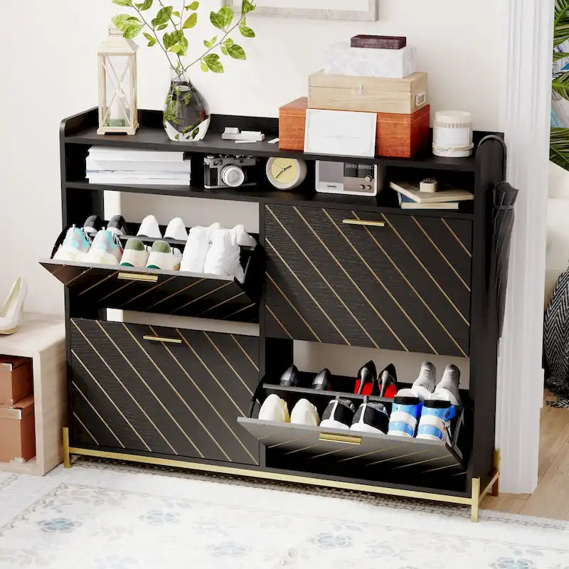 Black Wood Herringbone Flip Door Shoe Cabinet with Gold Accents and Open Top Storage