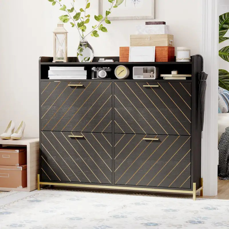 Black Wood Herringbone Flip Door Shoe Cabinet with Gold Accents and Open Top Storage
