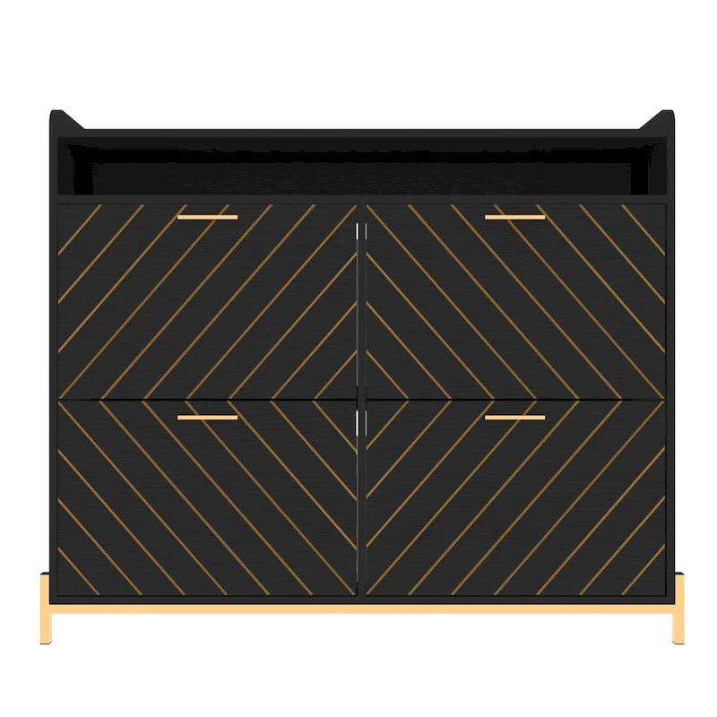 Black Wood Herringbone Flip Door Shoe Cabinet with Gold Accents and Open Top Storage