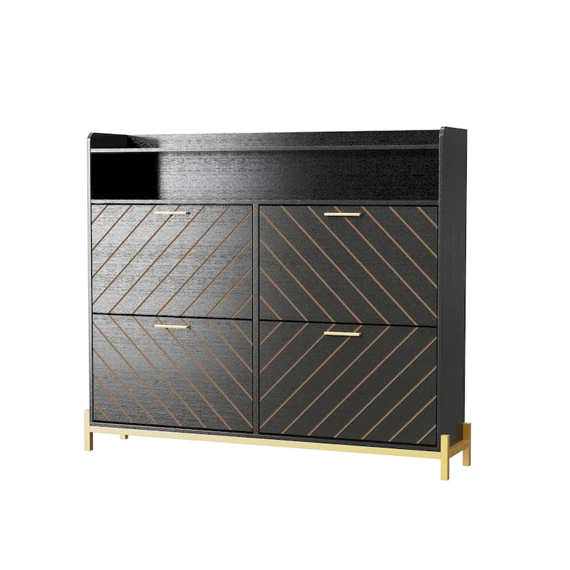 Black Wood Herringbone Flip Door Shoe Cabinet with Gold Accents and Open Top Storage
