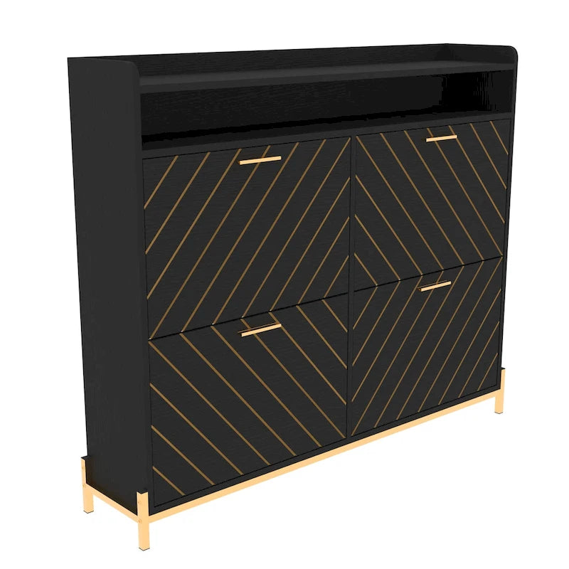 Black Wood Herringbone Flip Door Shoe Cabinet with Gold Accents and Open Top Storage