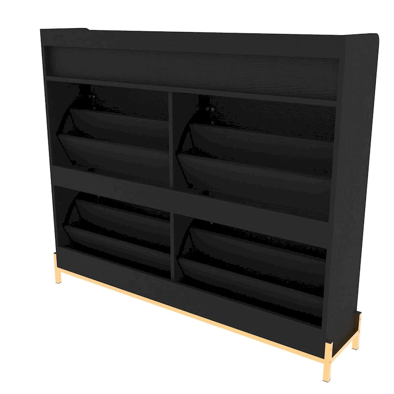 Black Wood Herringbone Flip Door Shoe Cabinet with Gold Accents and Open Top Storage