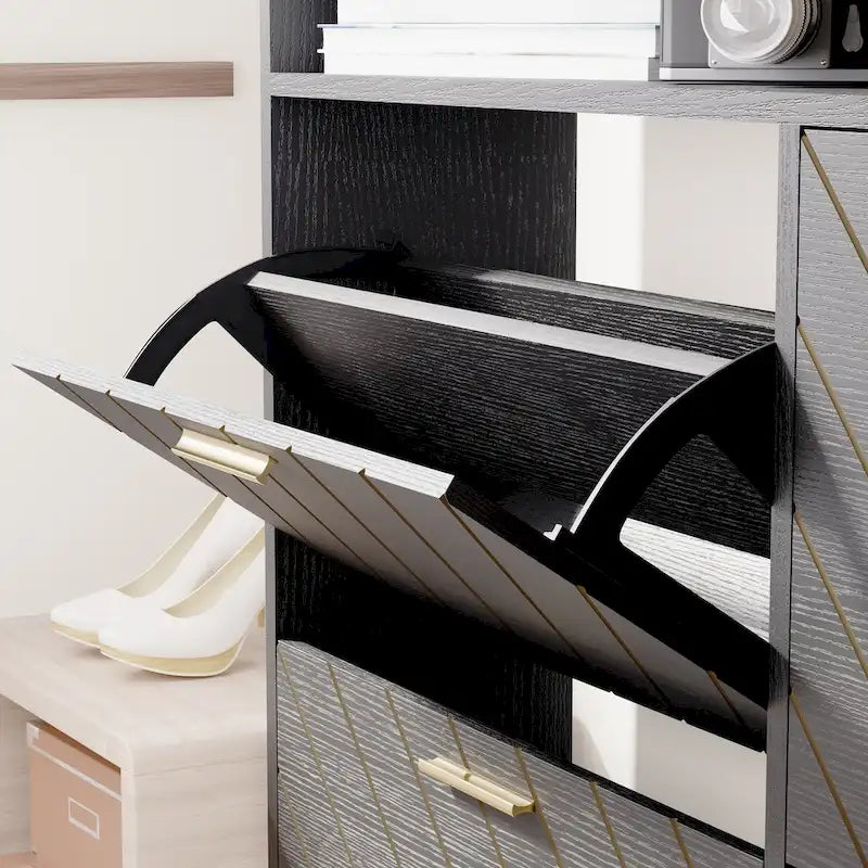 Black Wood Herringbone Flip Door Shoe Cabinet with Gold Accents and Open Top Storage