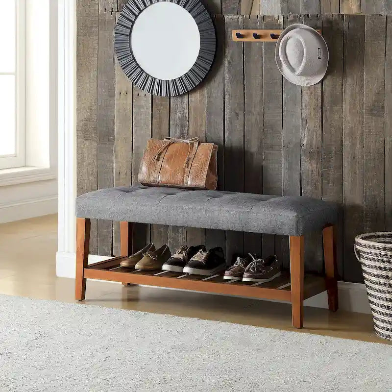Upholstered Storage Bench with Tufted Cushion and Oak Finish Legs