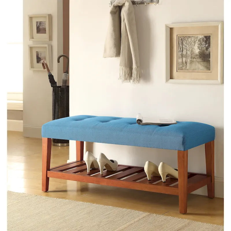 Banc de rangement rembourré avec coussin capitonné et pieds en chêne