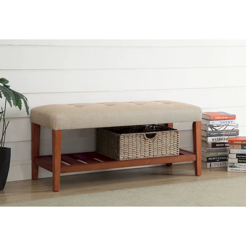 Banc de rangement rembourré avec coussin capitonné et pieds en chêne