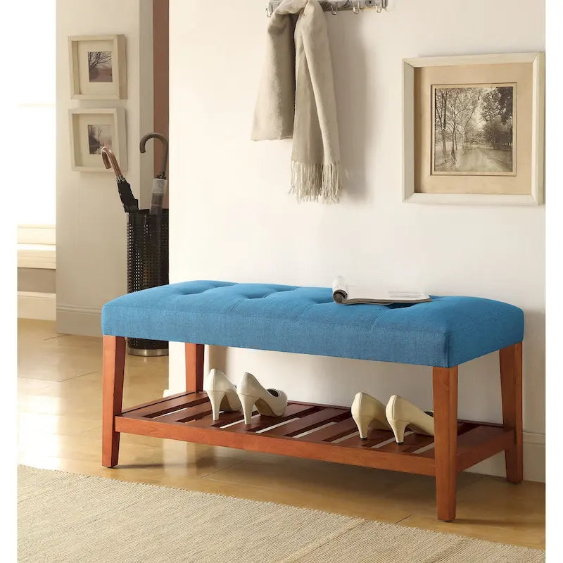 Upholstered Storage Bench with Tufted Cushion and Oak Finish Legs