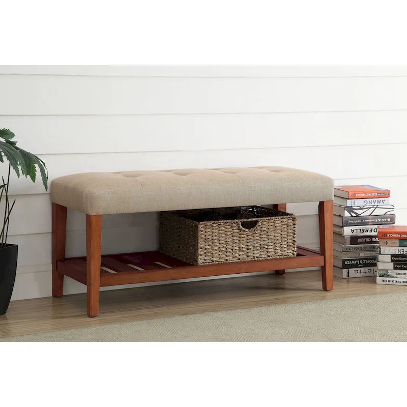 Upholstered Storage Bench with Tufted Cushion and Oak Finish Legs