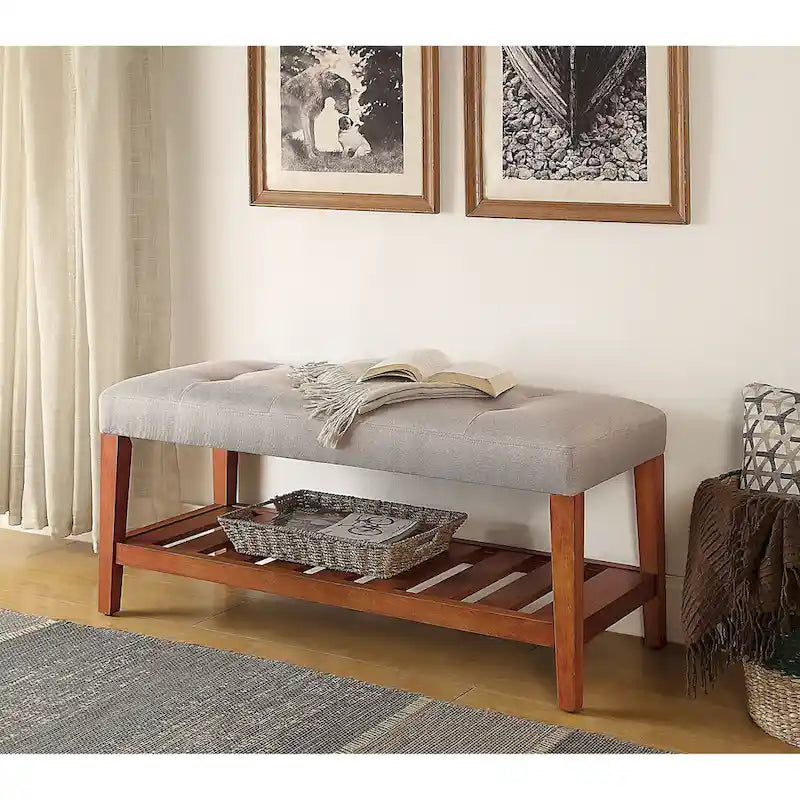 Upholstered Storage Bench with Tufted Cushion and Oak Finish Legs