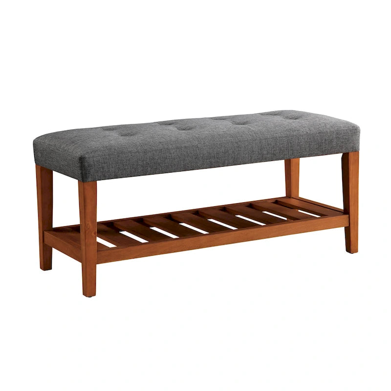 Upholstered Storage Bench with Tufted Cushion and Oak Finish Legs