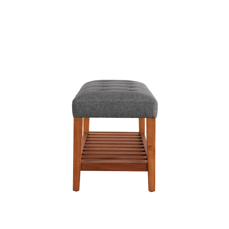 Upholstered Storage Bench with Tufted Cushion and Oak Finish Legs