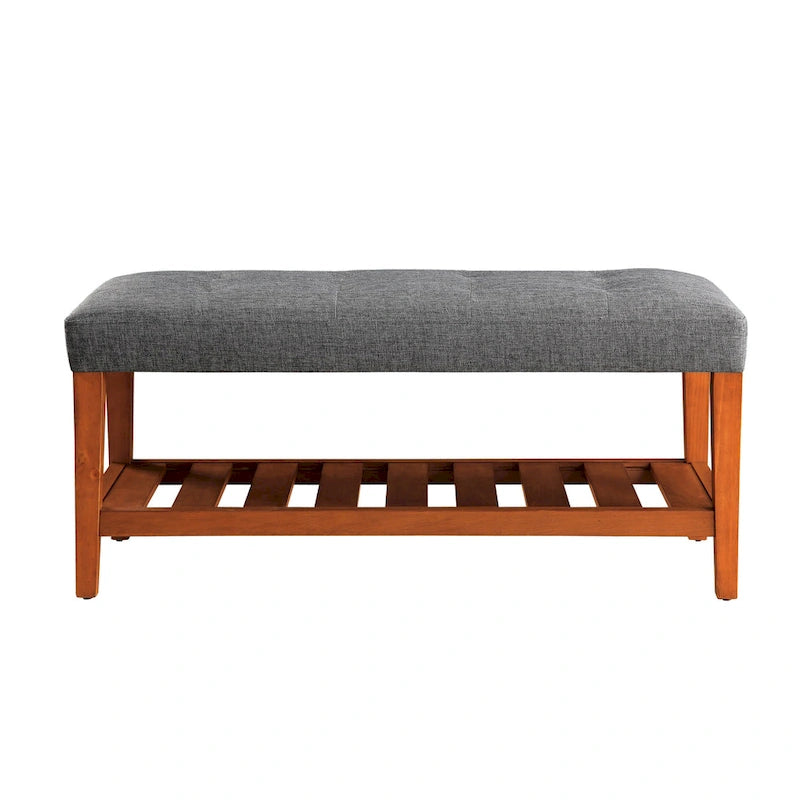 Upholstered Storage Bench with Tufted Cushion and Oak Finish Legs