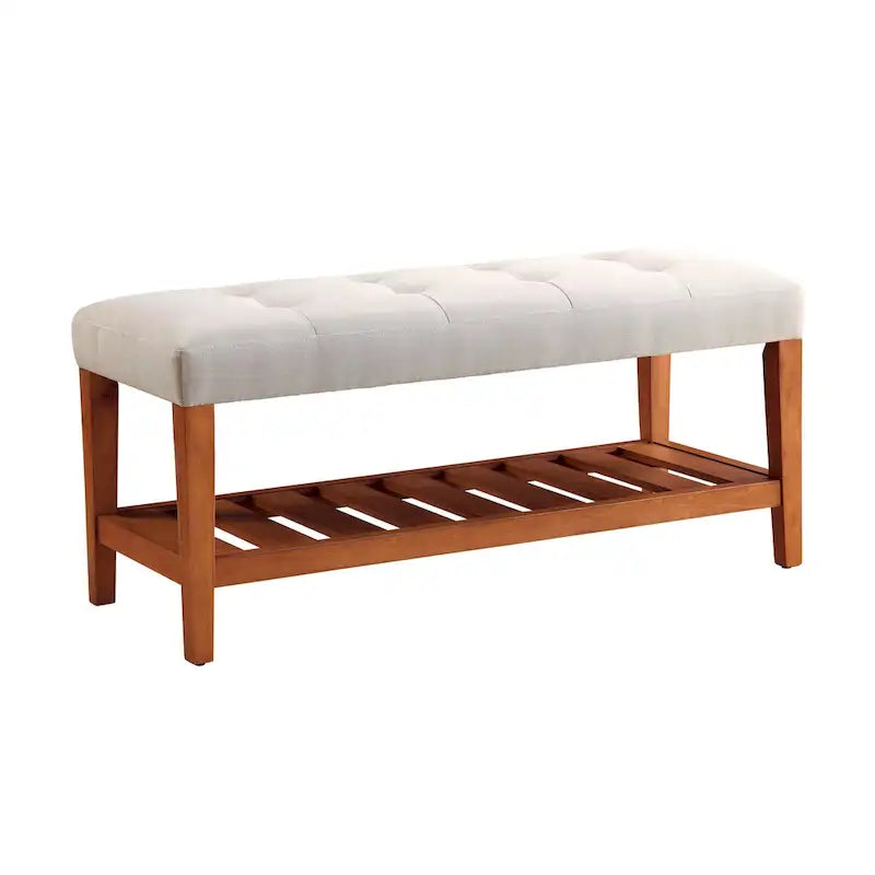 Upholstered Storage Bench with Tufted Cushion and Oak Finish Legs
