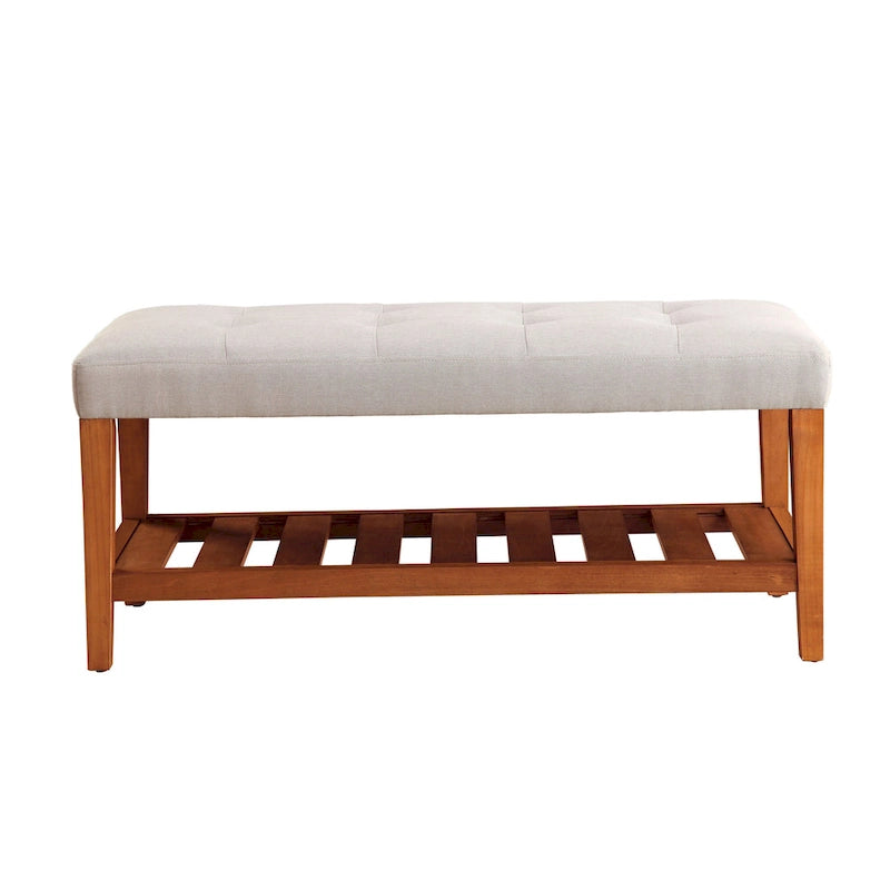 Upholstered Storage Bench with Tufted Cushion and Oak Finish Legs