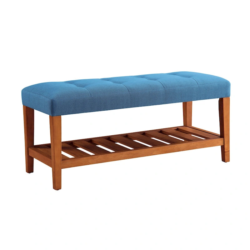 Upholstered Storage Bench with Tufted Cushion and Oak Finish Legs