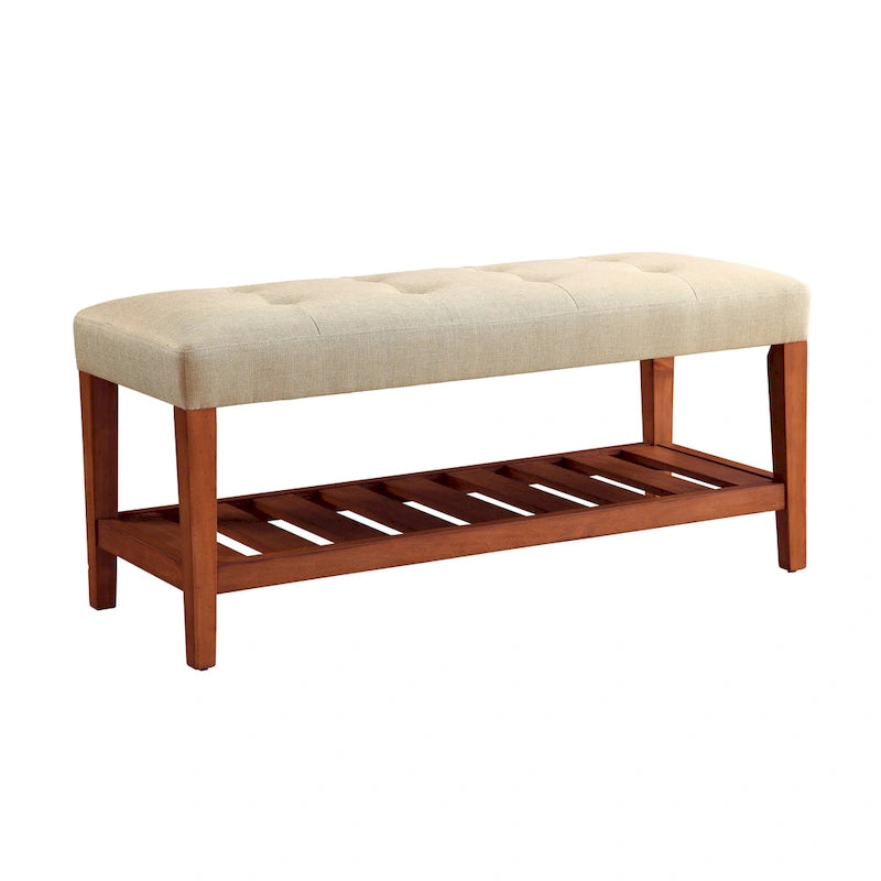 Upholstered Storage Bench with Tufted Cushion and Oak Finish Legs
