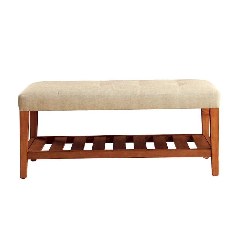 Upholstered Storage Bench with Tufted Cushion and Oak Finish Legs