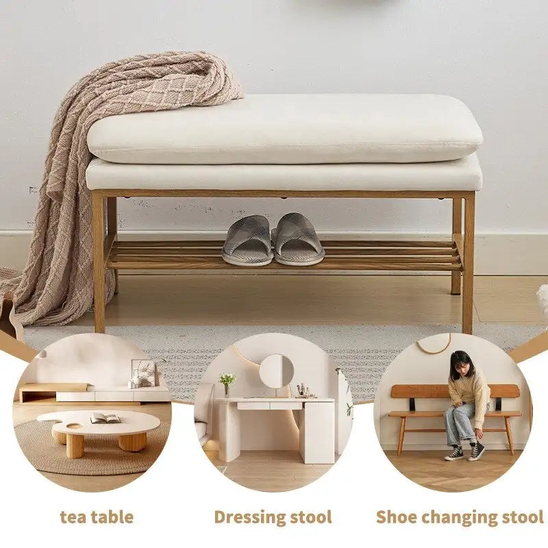 Upholstered Ottoman Bench with Storage Shelf and Gold Metal Legs