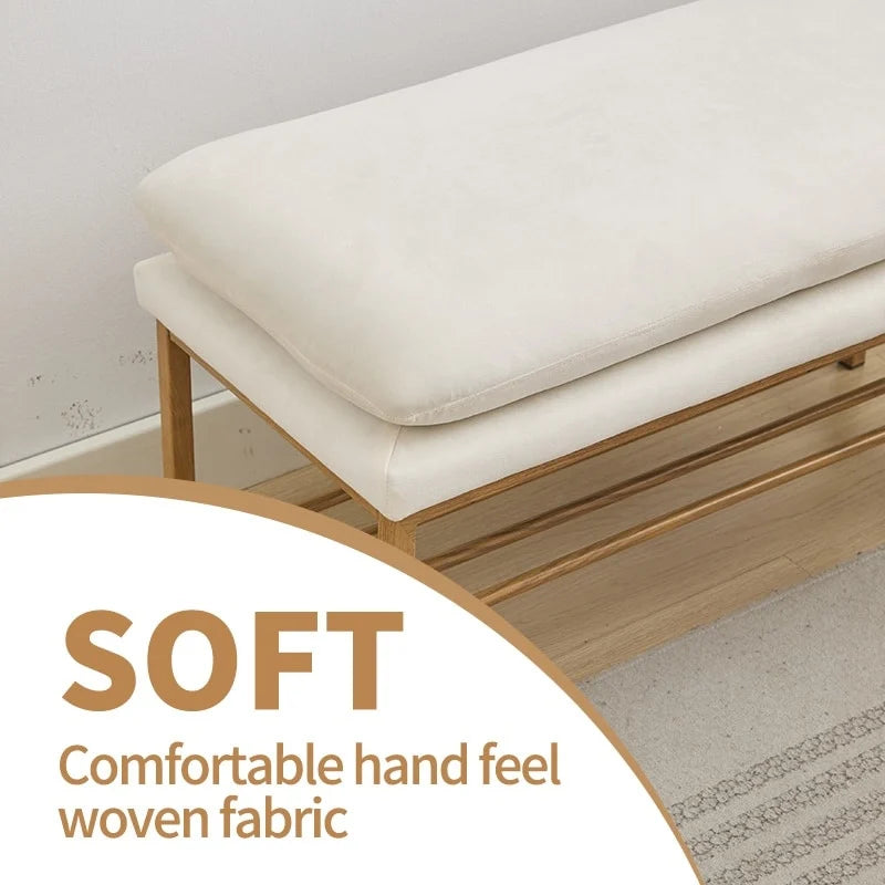 Upholstered Ottoman Bench with Storage Shelf and Gold Metal Legs