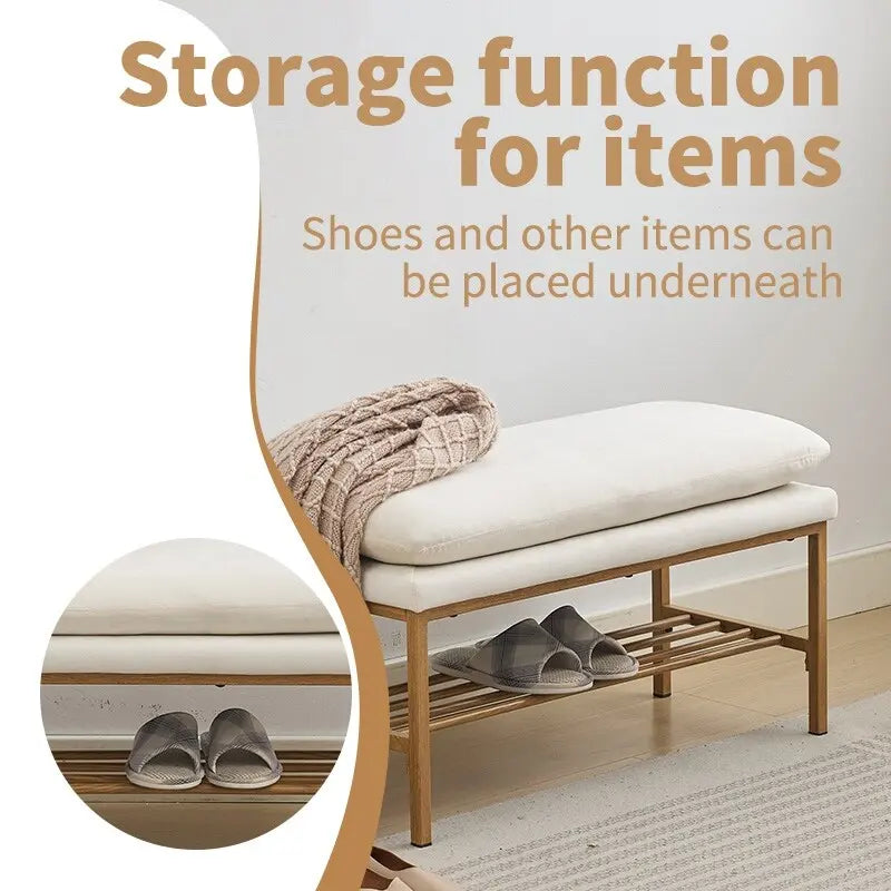 Upholstered Ottoman Bench with Storage Shelf and Gold Metal Legs