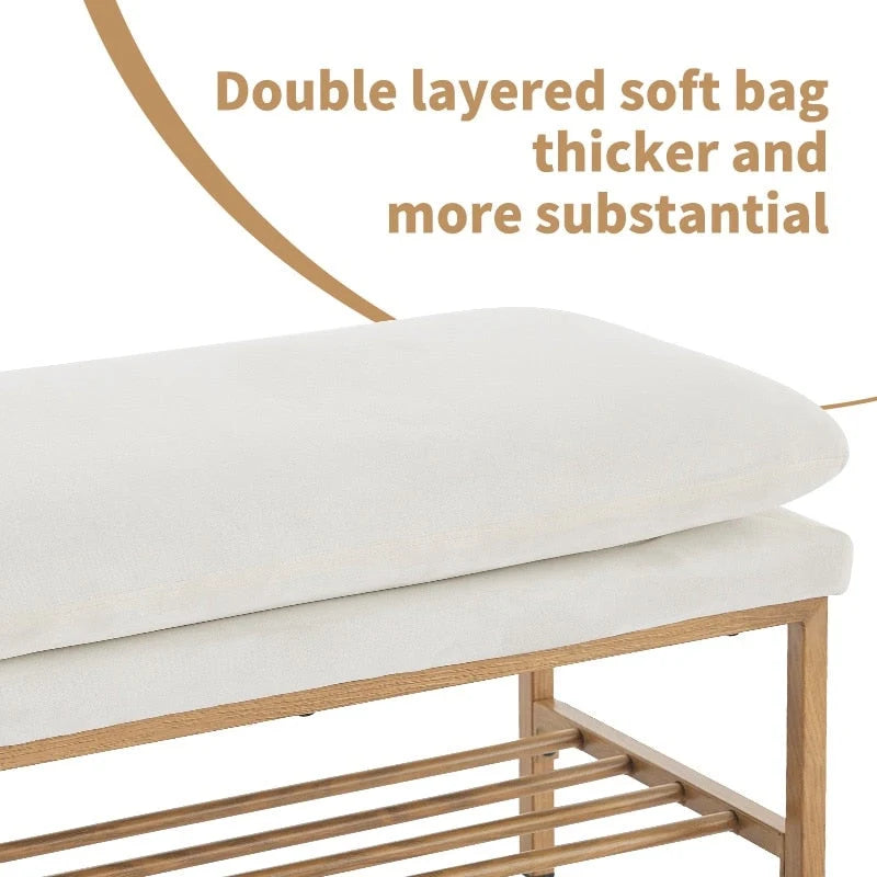 Upholstered Ottoman Bench with Storage Shelf and Gold Metal Legs