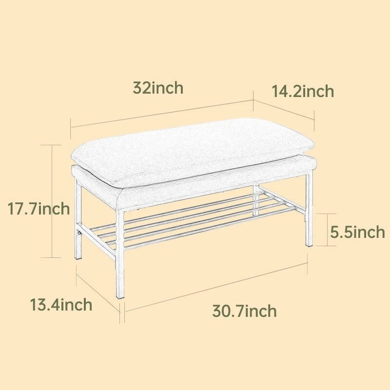 Upholstered Ottoman Bench with Storage Shelf and Gold Metal Legs