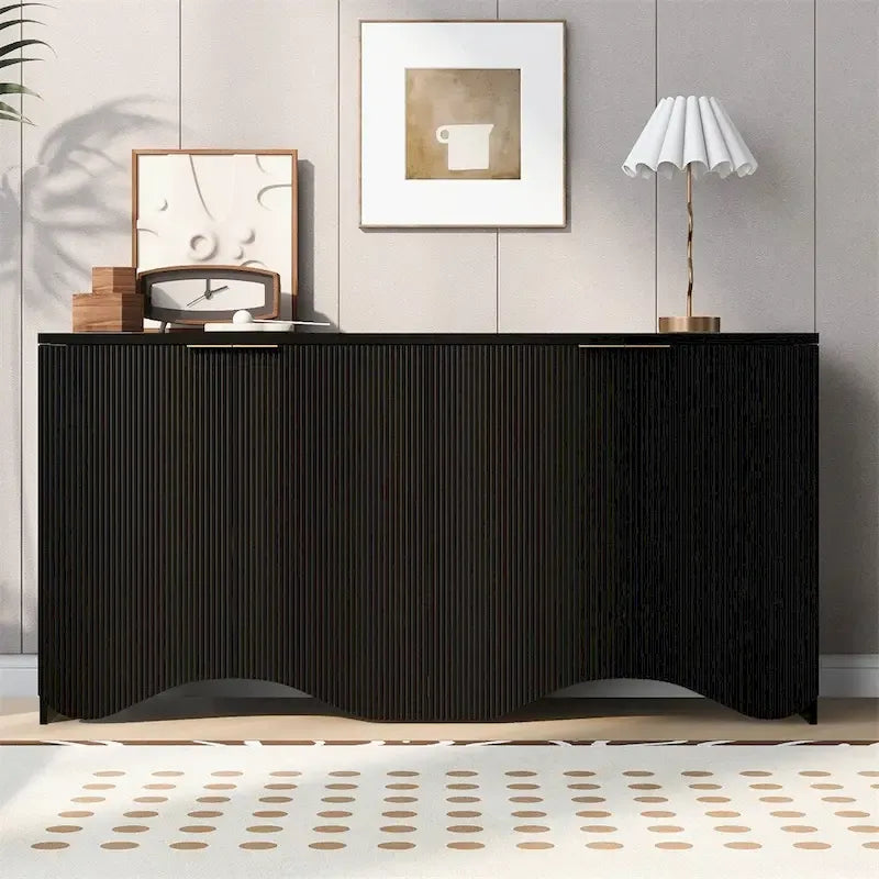 4-Door Fluted MDF Sideboard Cabinet with Wavy Base and Adjustable Shelves, Black