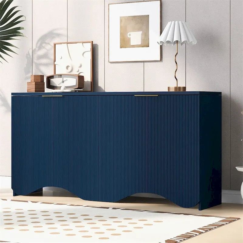 Buffet en MDF cannelé à 4 portes avec base ondulée et étagères réglables, noir