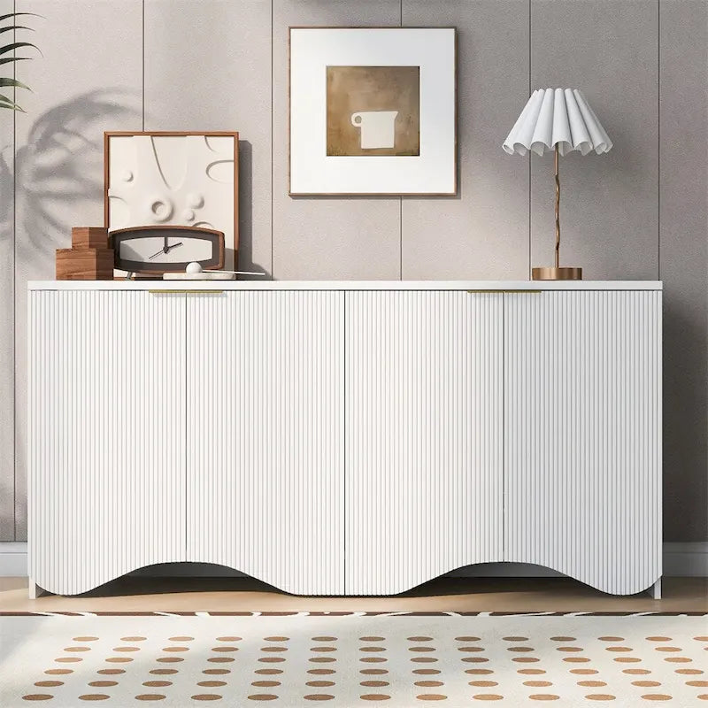 Buffet en MDF cannelé à 4 portes avec base ondulée et étagères réglables, noir