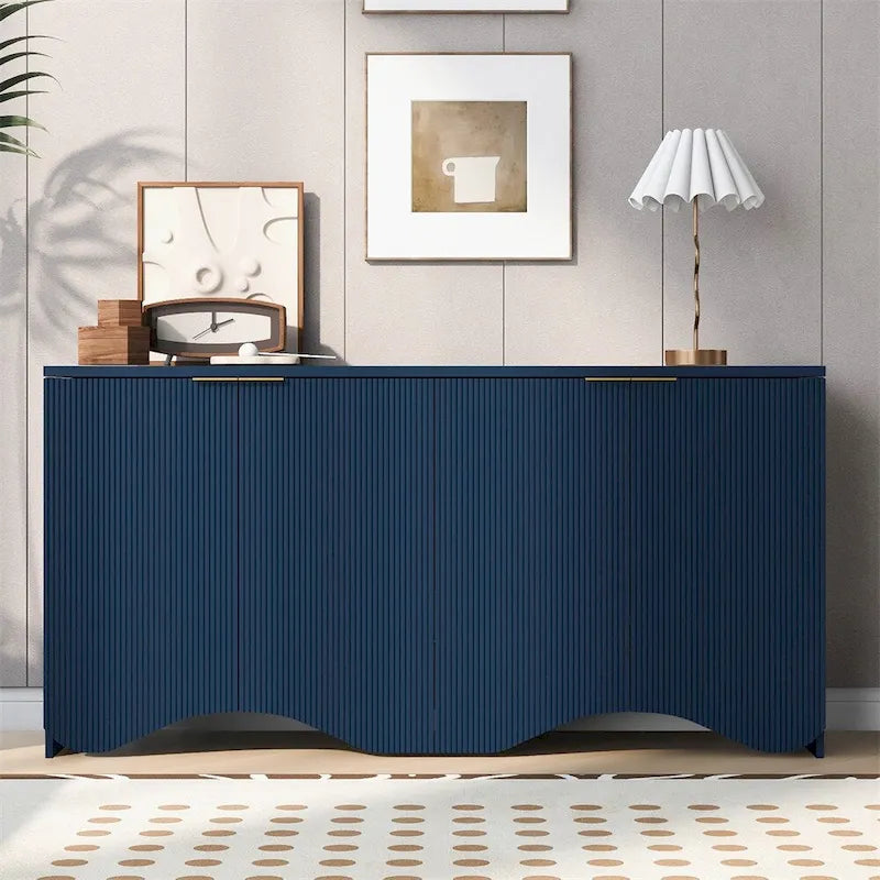 4-Door Fluted MDF Sideboard Cabinet with Wavy Base and Adjustable Shelves, Black