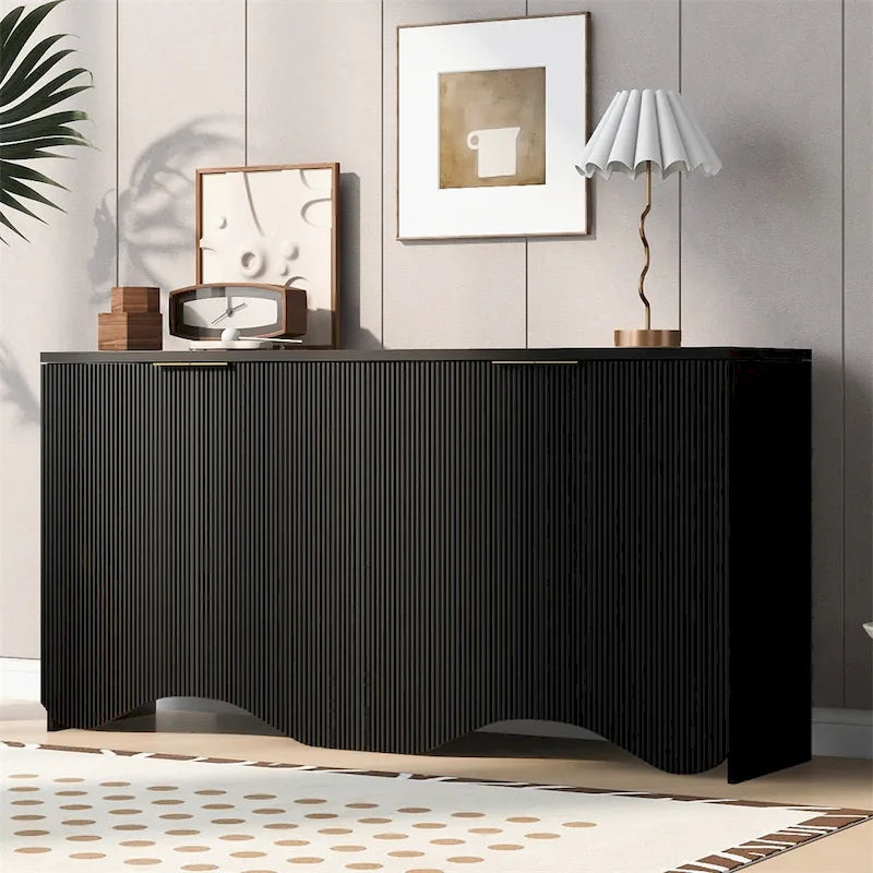 4-Door Fluted MDF Sideboard Cabinet with Wavy Base and Adjustable Shelves, Black
