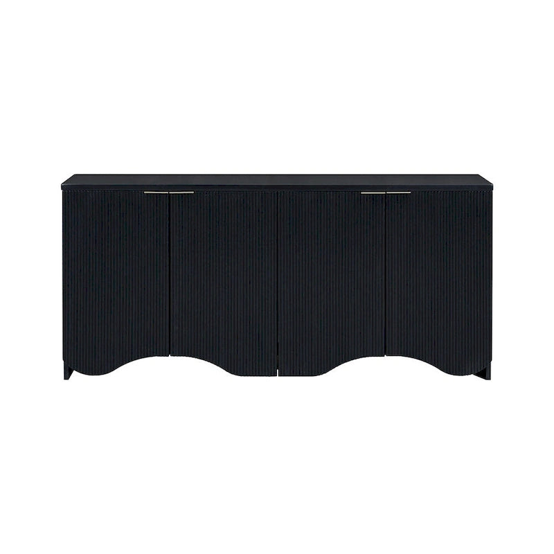 4-Door Fluted MDF Sideboard Cabinet with Wavy Base and Adjustable Shelves, Black