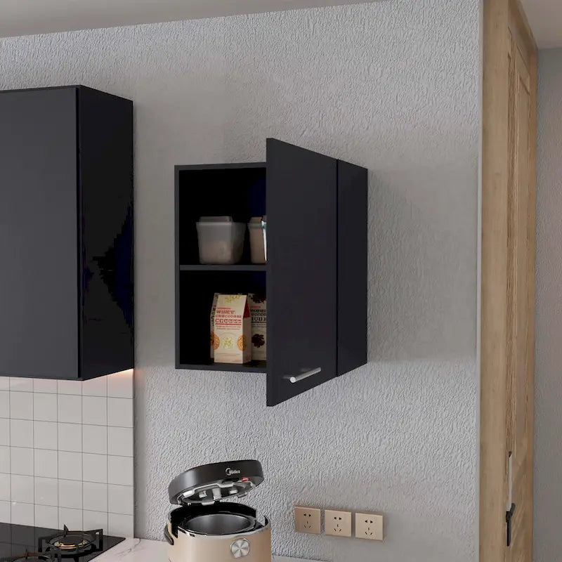 Black Single Door Wall Mounted Kitchen Storage Cabinet Modern Finish