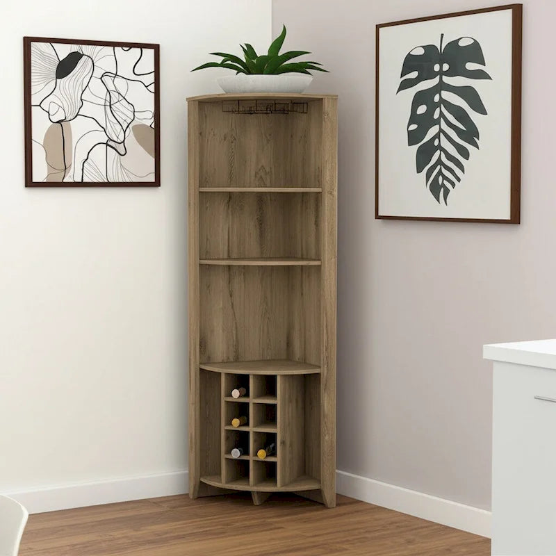 Light Brown Wood Corner Bar Cabinet with Wine Storage Open Shelves