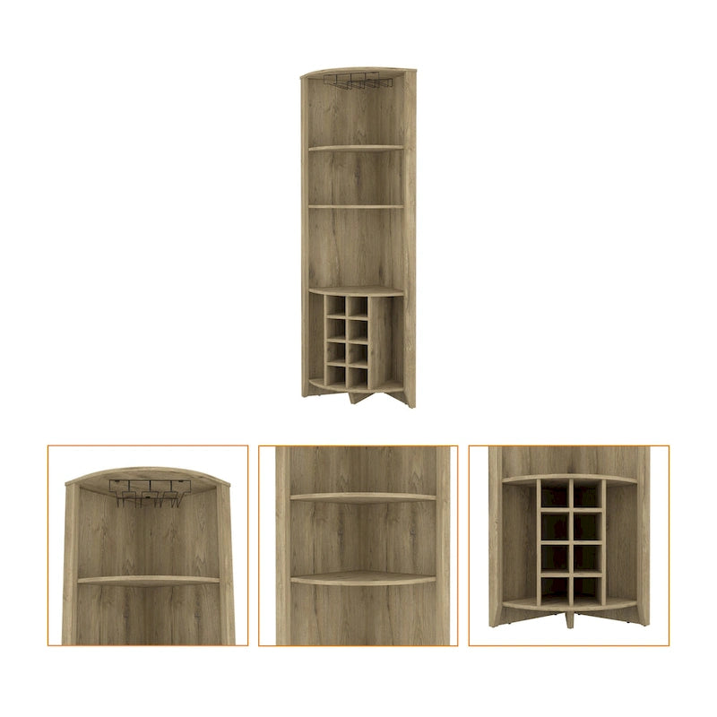 Light Brown Wood Corner Bar Cabinet with Wine Storage Open Shelves