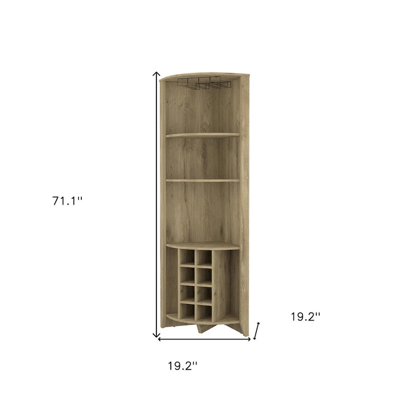 Light Brown Wood Corner Bar Cabinet with Wine Storage Open Shelves