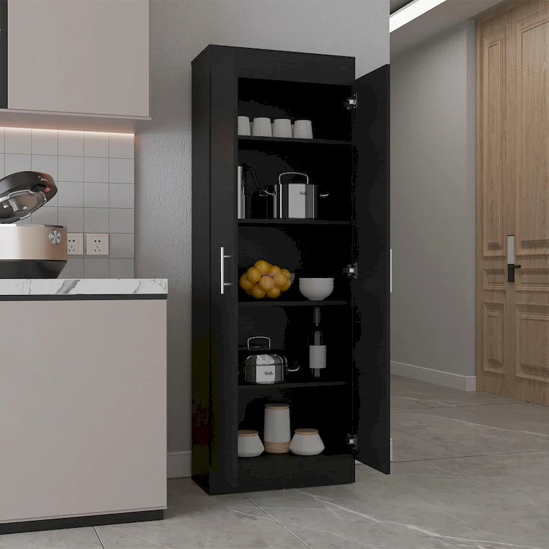 Freestanding Double Door Storage Pantry Cabinet with 5 Shelves Black White