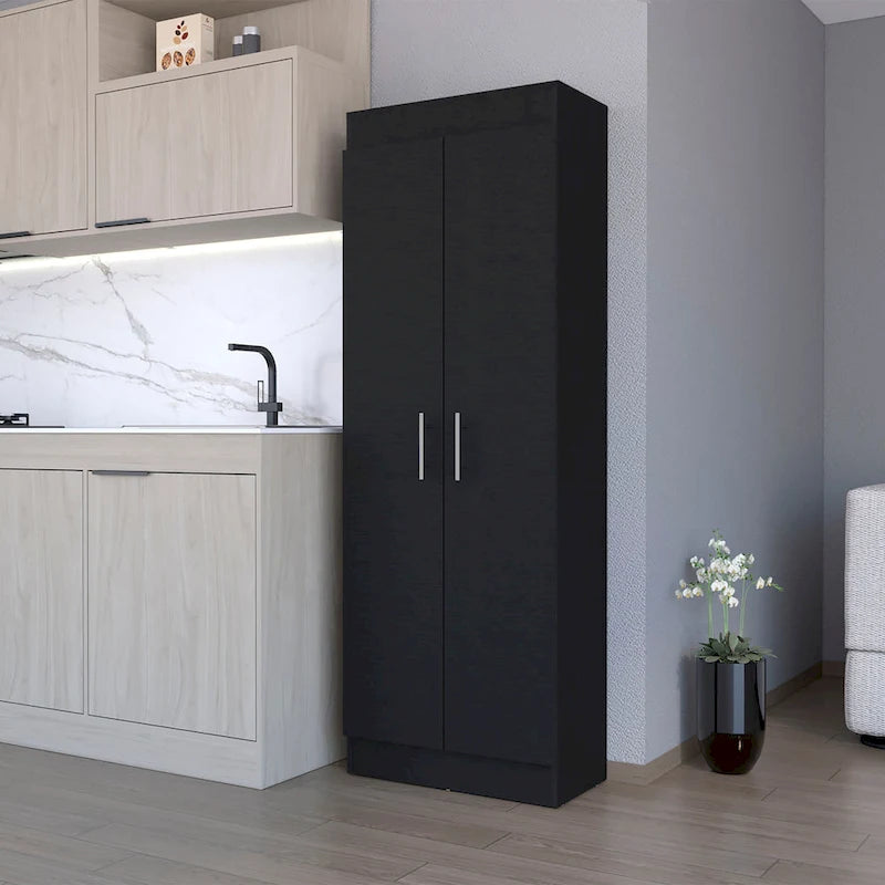 Freestanding Double Door Storage Pantry Cabinet with 5 Shelves Black White