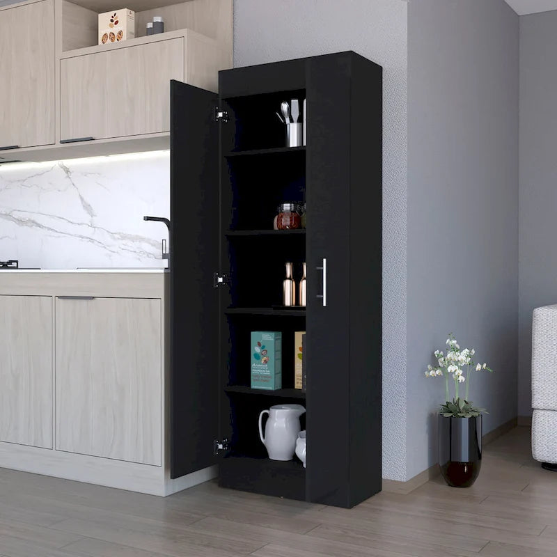 Freestanding Double Door Storage Pantry Cabinet with 5 Shelves Black White