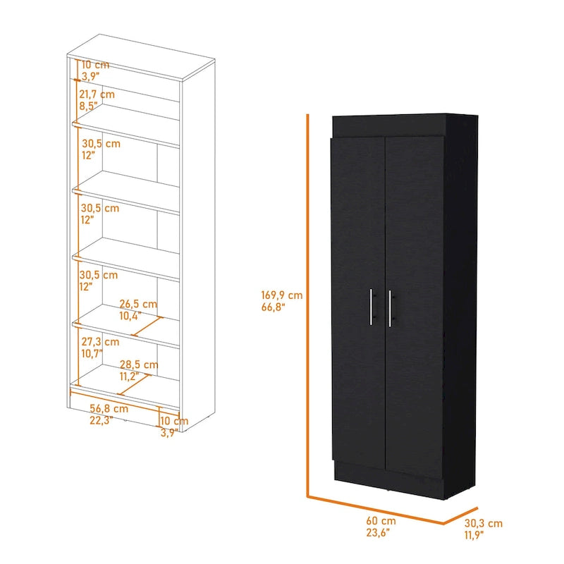 Freestanding Double Door Storage Pantry Cabinet with 5 Shelves Black White