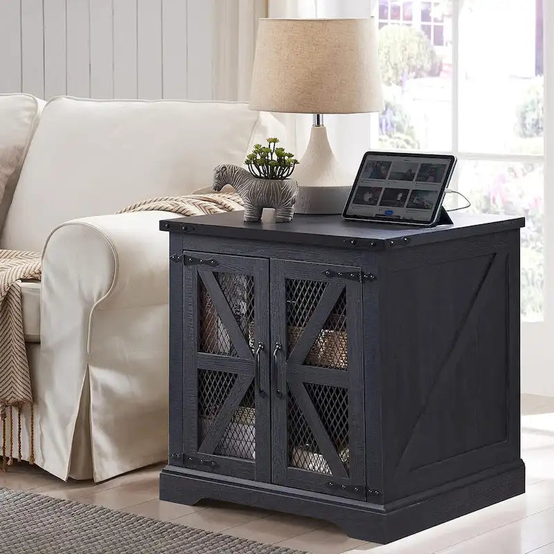 Farmhouse End Table with Charging Station Barn Door Mesh Storage Cabinet