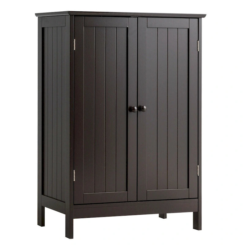 Brown Double Door Floor Storage Cabinet with 2-Layer Shelves and Round Knobs