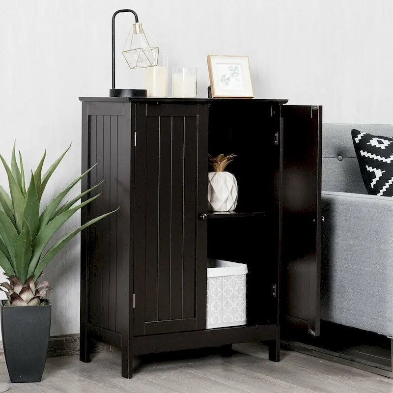 Brown Double Door Floor Storage Cabinet with 2-Layer Shelves and Round Knobs