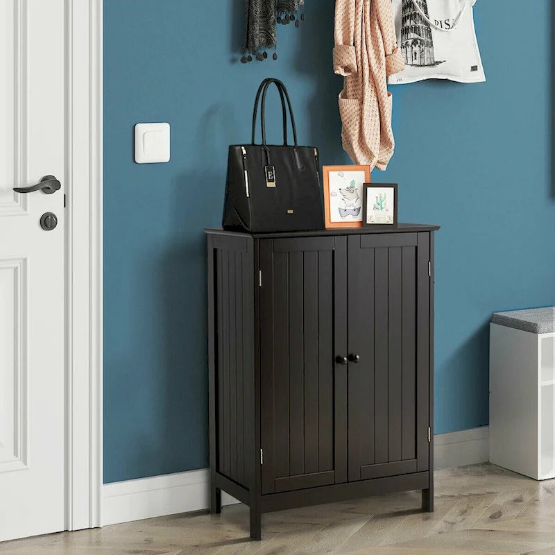 Brown Double Door Floor Storage Cabinet with 2-Layer Shelves and Round Knobs