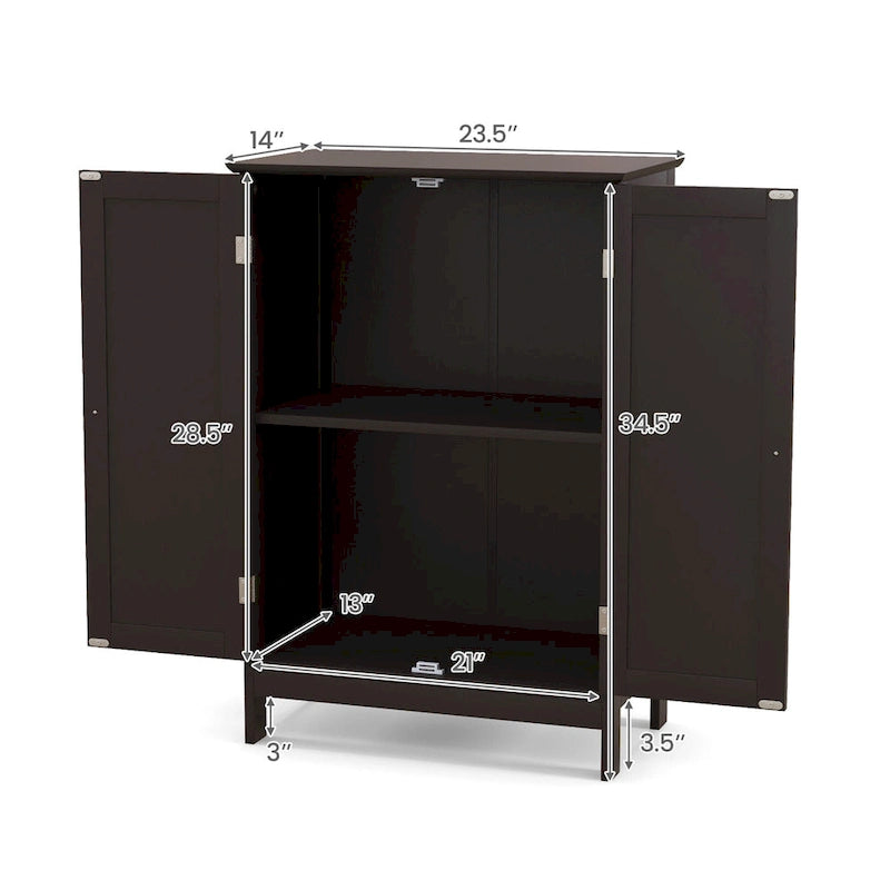 Brown Double Door Floor Storage Cabinet with 2-Layer Shelves and Round Knobs