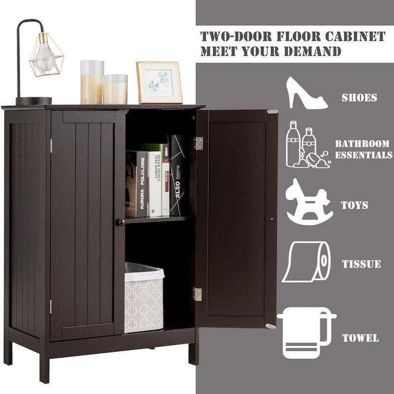 Brown Double Door Floor Storage Cabinet with 2-Layer Shelves and Round Knobs