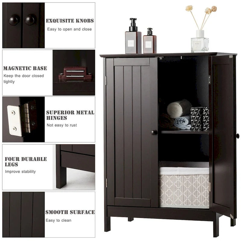Brown Double Door Floor Storage Cabinet with 2-Layer Shelves and Round Knobs