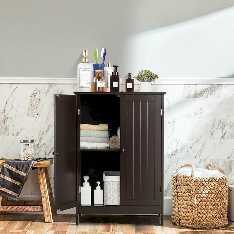 Brown Double Door Floor Storage Cabinet with 2-Layer Shelves and Round Knobs