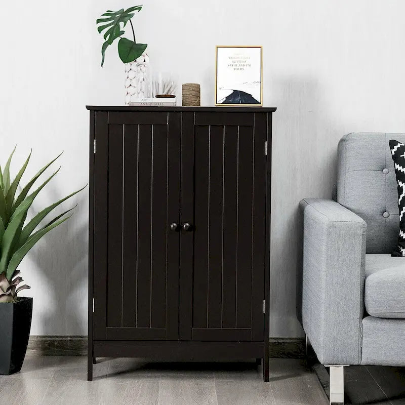 Brown Double Door Floor Storage Cabinet with 2-Layer Shelves and Round Knobs